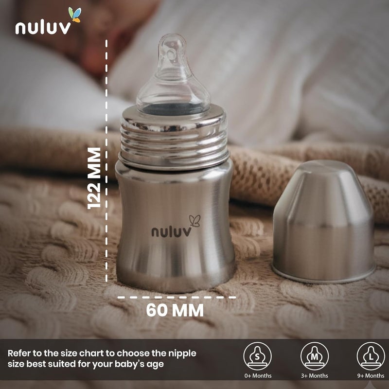 Nuluv Nourish+ Stainless Steel Wide Neck Feeding Bottle 125ml with Anti-Colic Silicone Nipple - Image 2